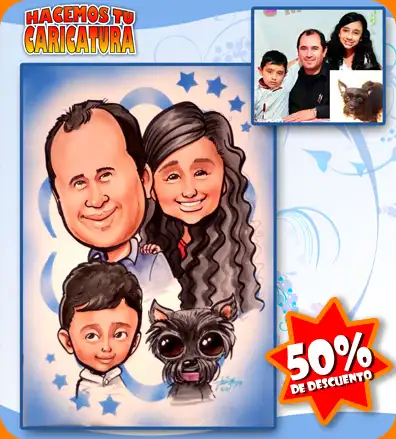 familia y su mascota en caricatura, hechas a partir de una foto