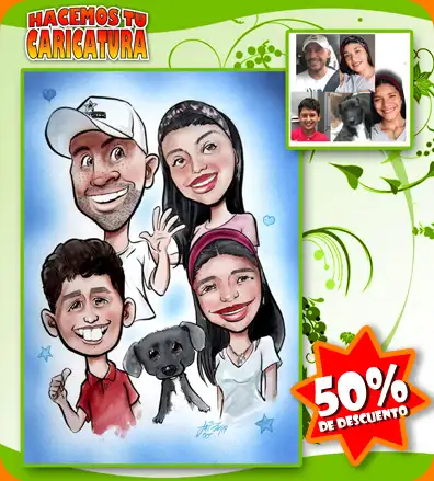 caricatura familiar con mascota, hechas a partir de una foto