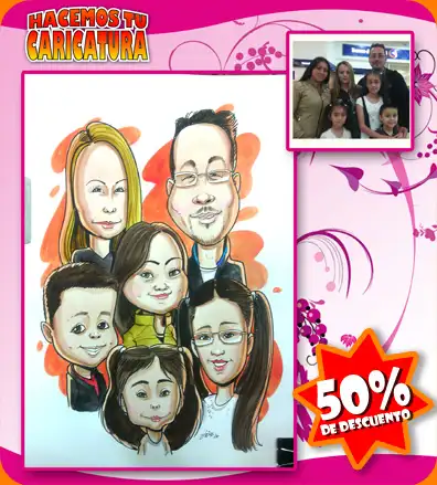 caricatura personalizada de una familia, hecha en base a una foto, para regalo