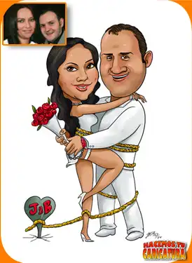 Caricatura de boda personalizada: ¡Captura el momento más especial de tu vida con una divertida caricatura! Esta imagen muestra a una pareja de recién casados sonriendo mientras se abrazan en su día especial. Un recuerdo único y duradero para compartir con amigos y familiares