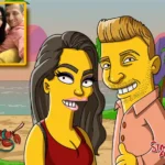 caricatura por encargo en estilo de los personajes de los simpson, en la playa con tenazas, caricatura simpsonizada, una caricatura de Simpsoniarte