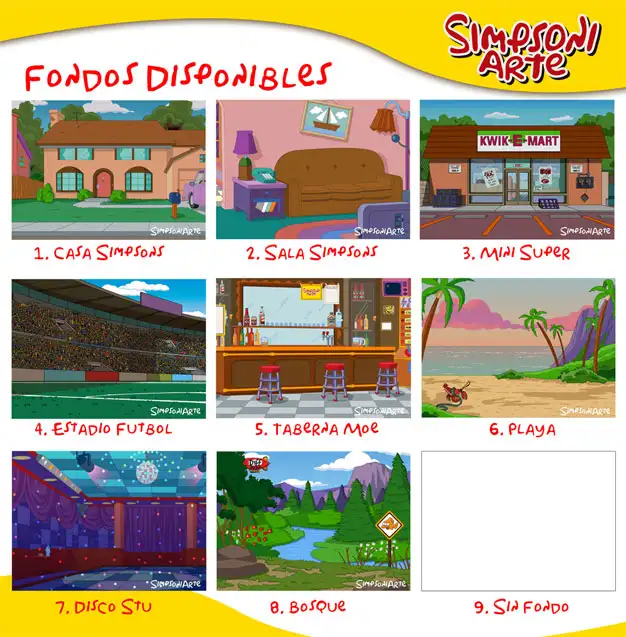 fondos para caricatura simpson por encargo: Casa simpson, Sillón simpson, Mini super Apu, Estadio futbol, Taberna de Moe, Playa, Discoteca Stu, Bosque con dirigible Duff